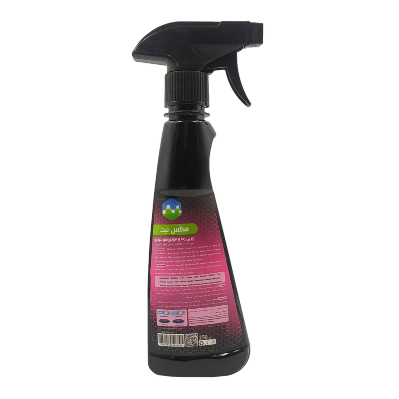 Max Neat Engine Cleaner and Degreaser Spray, Model 3435200, 250 ml Max Neat Engine Cleaning Spray is formulated to clean parts under the car hood, such as the engine, pipes, and more, based on the level of dirt and grease. This product is free from acidic or alkaline properties and does not damage components under the hood. Spray the product on the surfaces under the hood, clean the surfaces with a cloth, and then thoroughly wipe off any remaining residue with a damp cloth. Dimensions: 7 x 4 x 24 cm Weight: 250 grams Volume: 250 milliliters Application: Car engine Features of Wax, Polish, and Cleaner: Shine enhancer Cleaner Protector